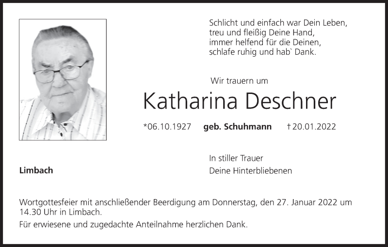  Traueranzeige für Katharina Deschner vom 25.01.2022 aus MGO
