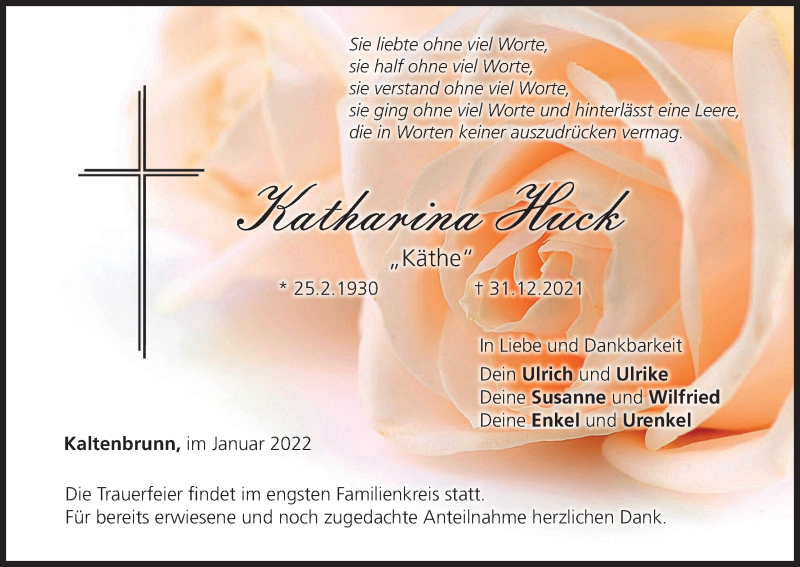  Traueranzeige für Katharina Huck vom 08.01.2022 aus MGO