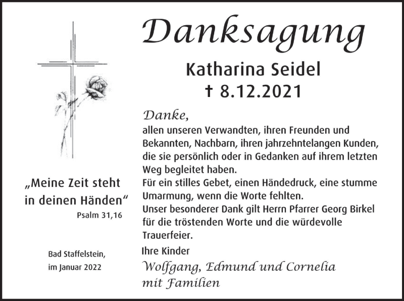  Traueranzeige für Katharina Seidel vom 08.01.2022 aus MGO