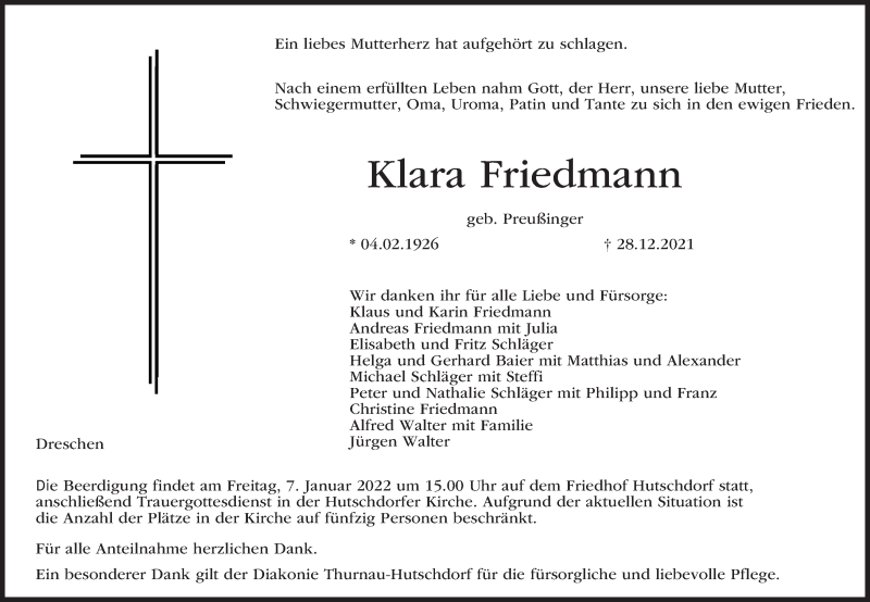  Traueranzeige für Klara Friedmann vom 05.01.2022 aus MGO