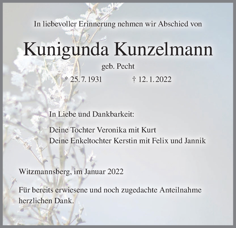  Traueranzeige für Kunigunda Kunzelmann vom 21.01.2022 aus MGO