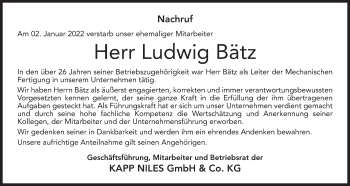 Anzeige von Ludwig Bätz von MGO