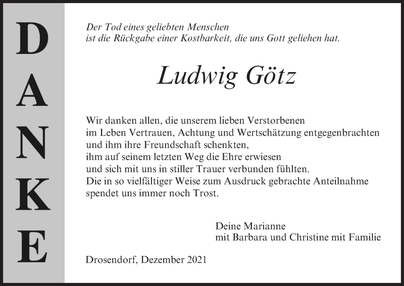  Traueranzeige für Ludwig Götz vom 31.12.2021 aus MGO