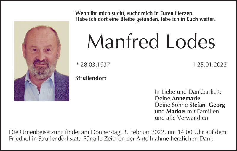  Traueranzeige für Manfred Lodes vom 29.01.2022 aus MGO
