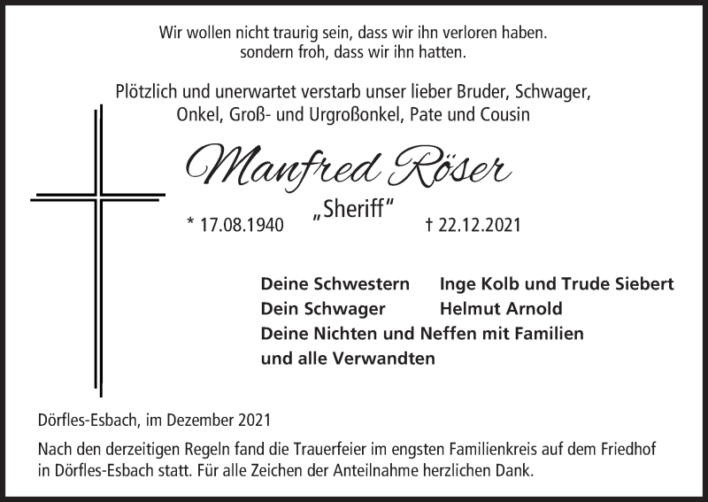  Traueranzeige für Manfred Röser vom 31.12.2021 aus MGO