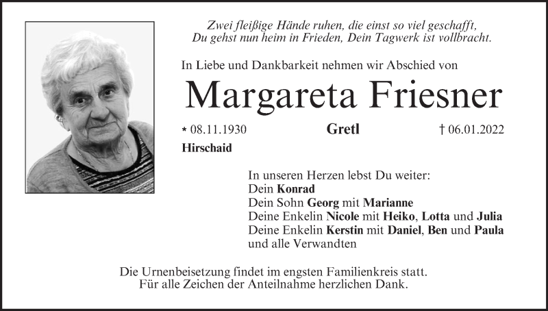  Traueranzeige für Margareta Friesner vom 15.01.2022 aus MGO