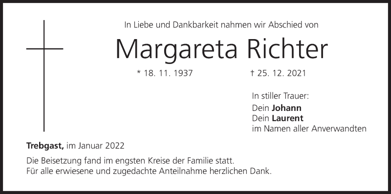  Traueranzeige für Margareta Richter vom 13.01.2022 aus MGO
