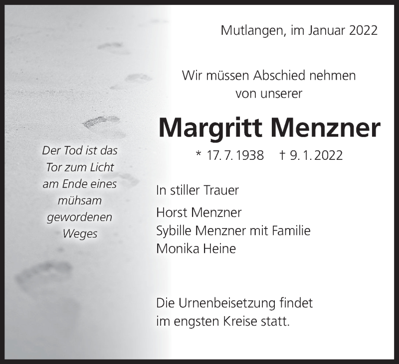  Traueranzeige für Margritt Menzner vom 14.01.2022 aus MGO