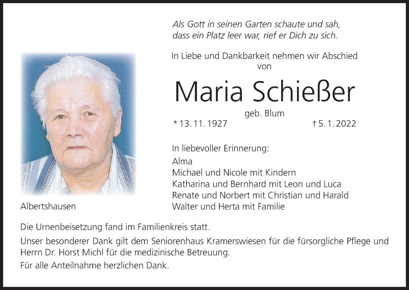  Traueranzeige für Maria Schießer vom 29.01.2022 aus MGO