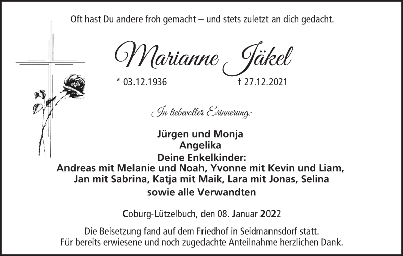  Traueranzeige für Marianne Jäkel vom 08.01.2022 aus MGO