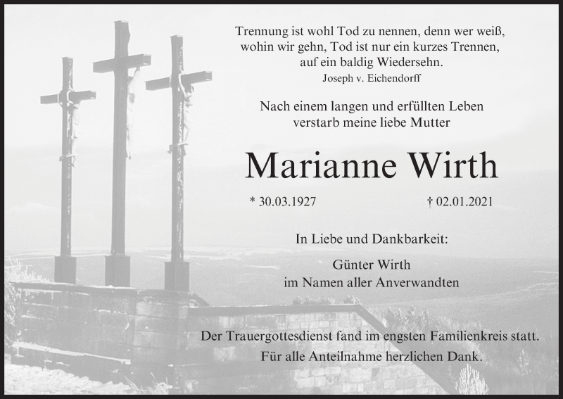  Traueranzeige für Marianne Wirth vom 14.01.2022 aus MGO