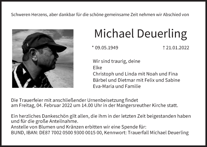  Traueranzeige für Michael Deuerling vom 29.01.2022 aus MGO