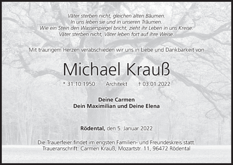  Traueranzeige für Michael Krauß vom 05.01.2022 aus MGO