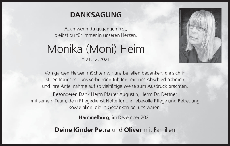  Traueranzeige für Monika Heim vom 15.01.2022 aus MGO