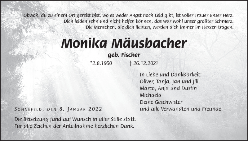  Traueranzeige für Monika Mäusbacher vom 08.01.2022 aus MGO