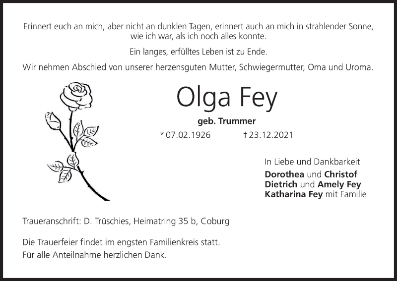  Traueranzeige für Olga Fey vom 12.01.2022 aus MGO