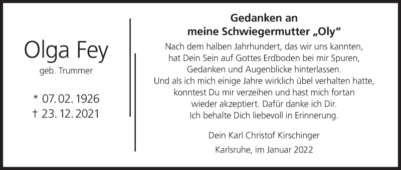 Traueranzeige für Olga Fey vom 15.01.2022 aus MGO