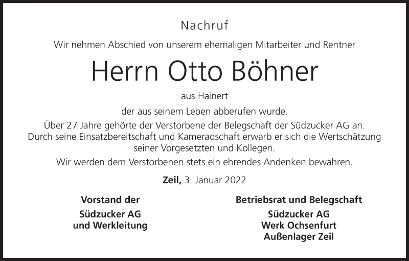  Traueranzeige für Otto Böhner vom 04.01.2022 aus MGO