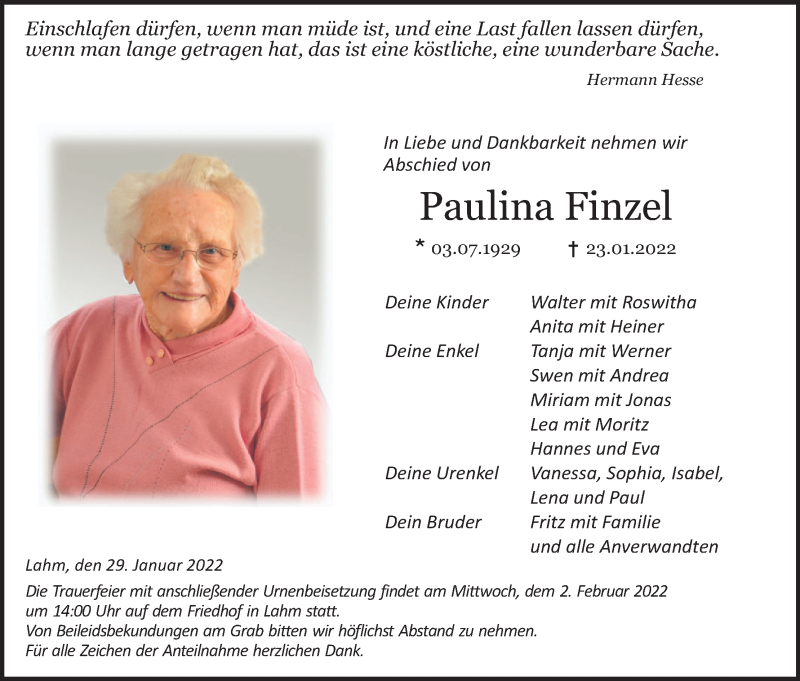  Traueranzeige für Paulina Finzel vom 29.01.2022 aus MGO