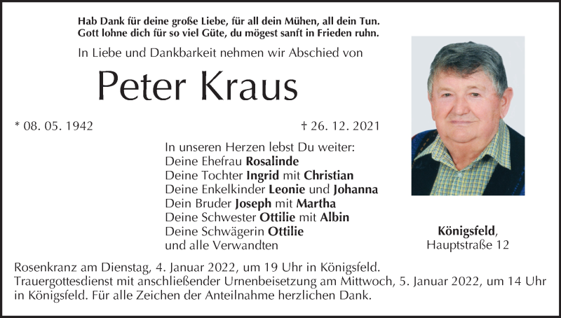  Traueranzeige für Peter Kraus vom 31.12.2021 aus MGO
