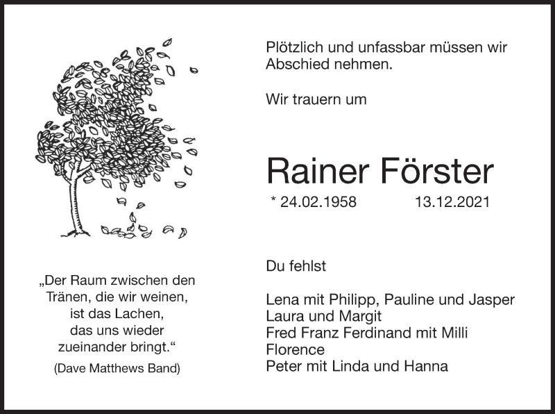  Traueranzeige für Rainer Förster vom 08.01.2022 aus MGO