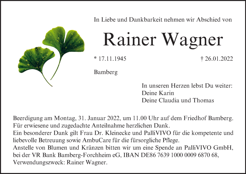  Traueranzeige für Rainer Wagner vom 29.01.2022 aus MGO