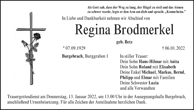  Traueranzeige für Regina Brodmerkel vom 08.01.2022 aus MGO