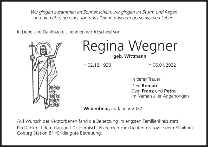  Traueranzeige für Regina Wegner vom 25.01.2022 aus MGO
