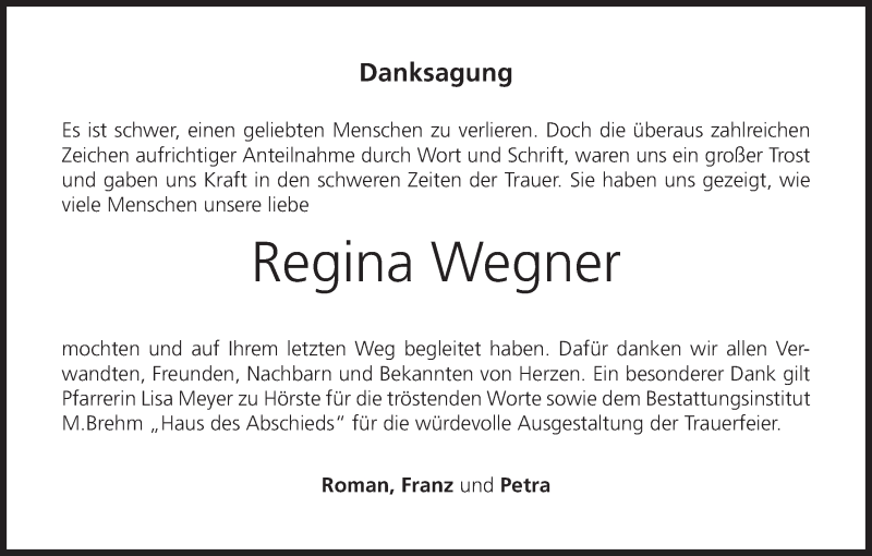  Traueranzeige für Regina Wegner vom 28.01.2022 aus MGO