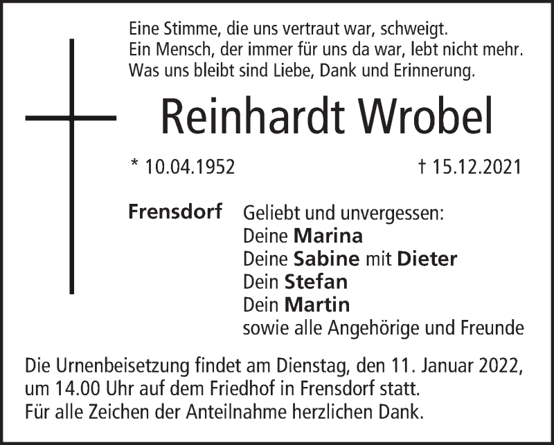  Traueranzeige für Reinhardt Wrobel vom 08.01.2022 aus MGO