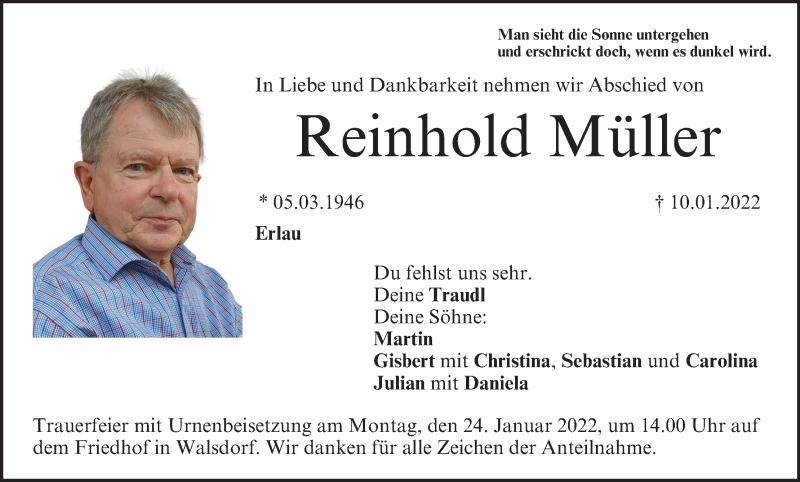  Traueranzeige für Reinhold Müller vom 15.01.2022 aus MGO