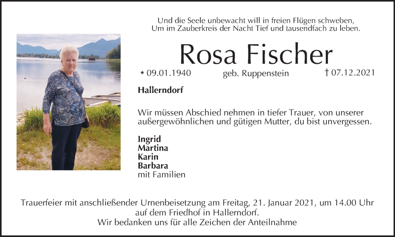  Traueranzeige für Rosa Fischer vom 15.01.2022 aus MGO