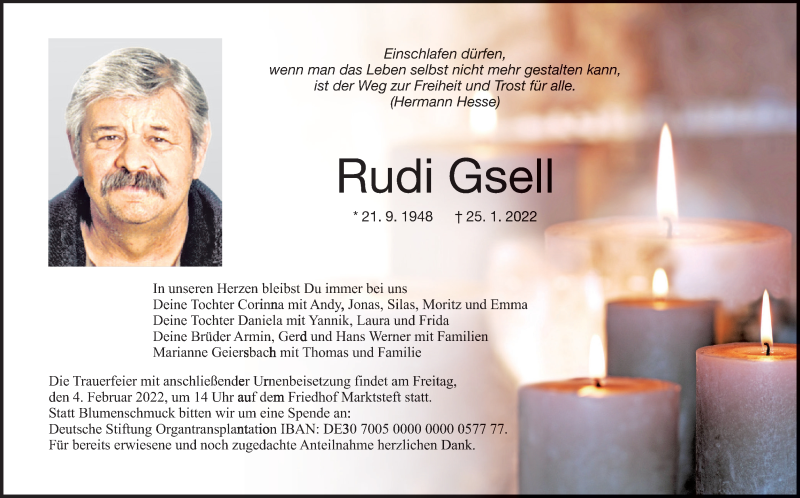  Traueranzeige für Rudi Gsell vom 29.01.2022 aus MGO