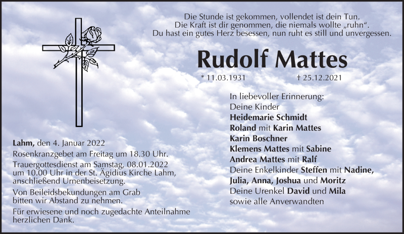  Traueranzeige für Rudolf Mattes vom 04.01.2022 aus MGO