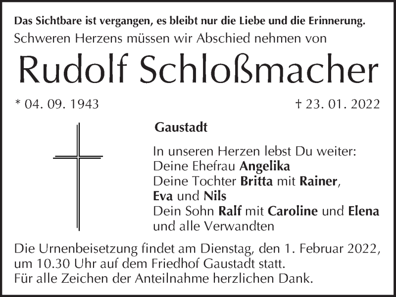  Traueranzeige für Rudolf Schloßmacher vom 29.01.2022 aus MGO