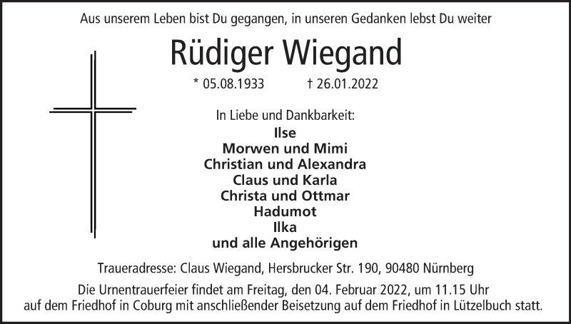  Traueranzeige für Rüdiger Wiegand vom 29.01.2022 aus MGO