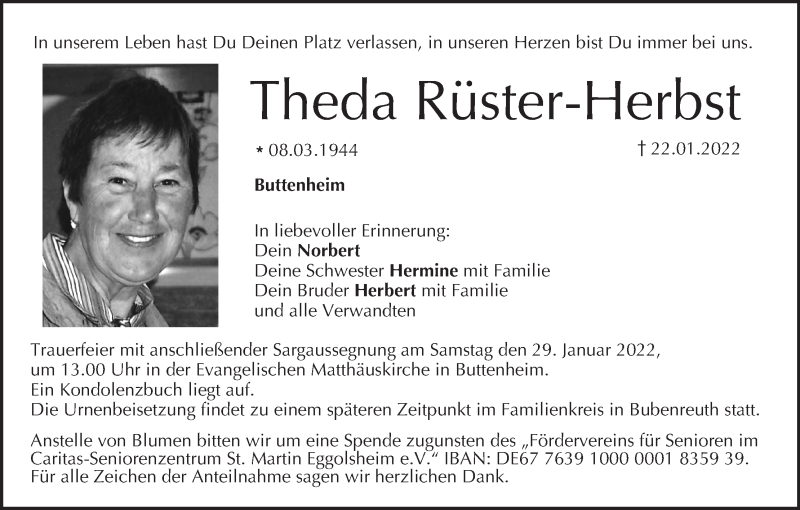  Traueranzeige für Theda Rüster-Herbst vom 26.01.2022 aus MGO