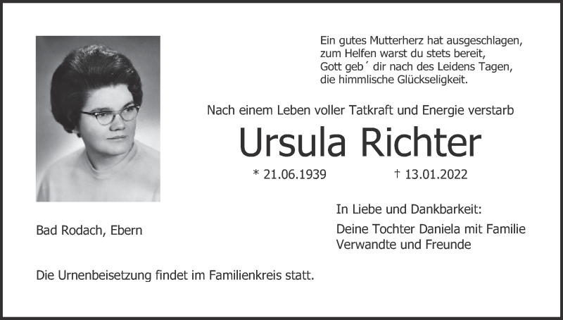  Traueranzeige für Ursula Richter vom 29.01.2022 aus MGO