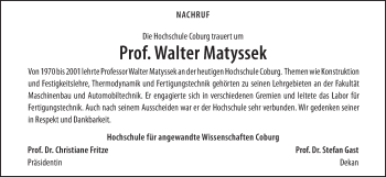 Anzeige von Walter Matyssek von MGO