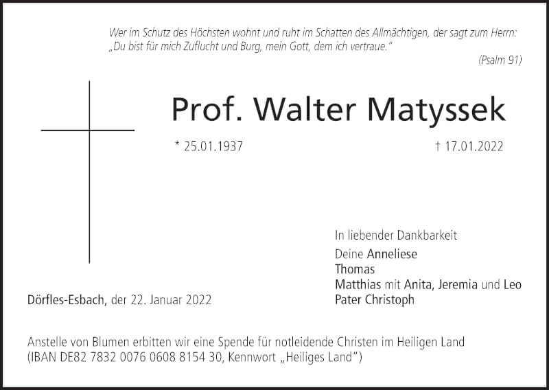  Traueranzeige für Walter Matyssek vom 22.01.2022 aus MGO