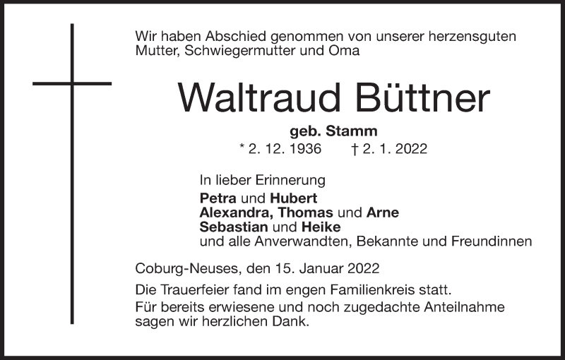  Traueranzeige für Waltraud Büttner vom 15.01.2022 aus MGO