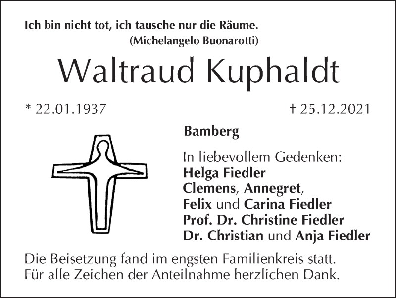  Traueranzeige für Waltraud Kuphaldt vom 15.01.2022 aus MGO