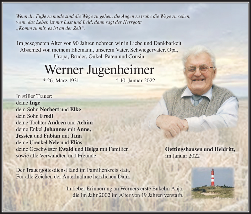  Traueranzeige für Werner Jugenheimer vom 19.01.2022 aus MGO