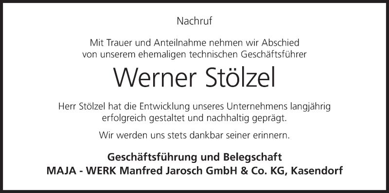  Traueranzeige für Werner Stölzel vom 29.01.2022 aus MGO