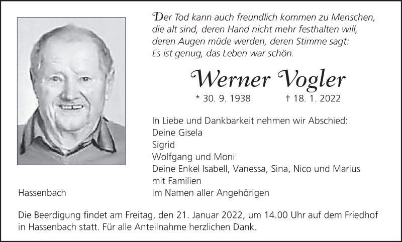  Traueranzeige für Werner Vogler vom 20.01.2022 aus MGO