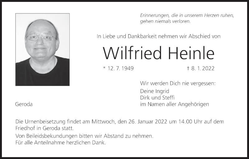  Traueranzeige für Wilfried Heinle vom 22.01.2022 aus MGO