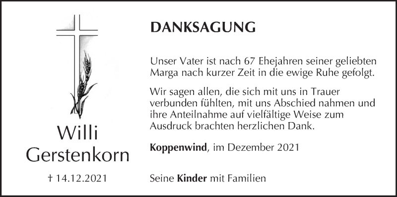  Traueranzeige für Willi Gerstenkorn vom 31.12.2021 aus MGO