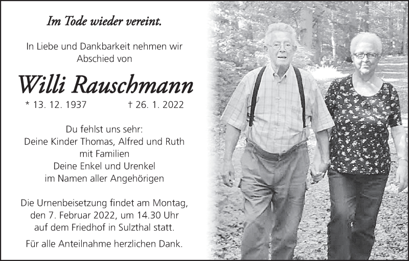  Traueranzeige für Willi Rauschmann vom 29.01.2022 aus MGO