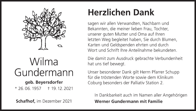  Traueranzeige für Wilma Gundermann vom 21.01.2022 aus MGO