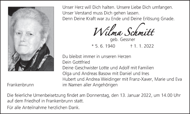  Traueranzeige für Wilma Schmitt vom 08.01.2022 aus MGO